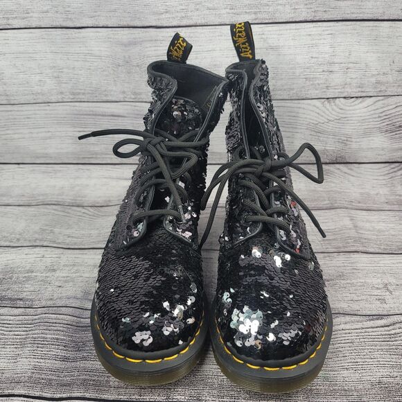 Dr. Doc Martens 1460 Pascal Sequin 8-Eye Boots Black Silver Size 7 L - Picture 3 of 6